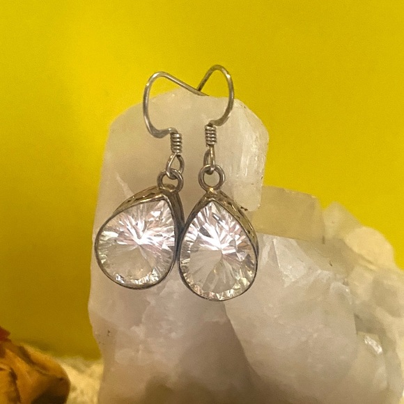 Sterling Set Rock Cut Crystal Tear Drop Earrings - Picture 2 of 6